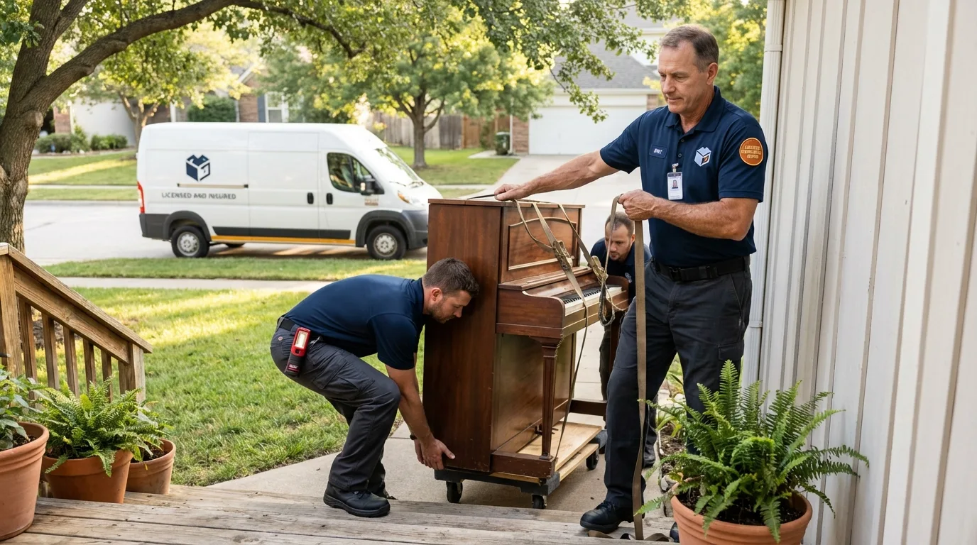 Licensed piano movers securing grand piano in Mechanic Falls, ME