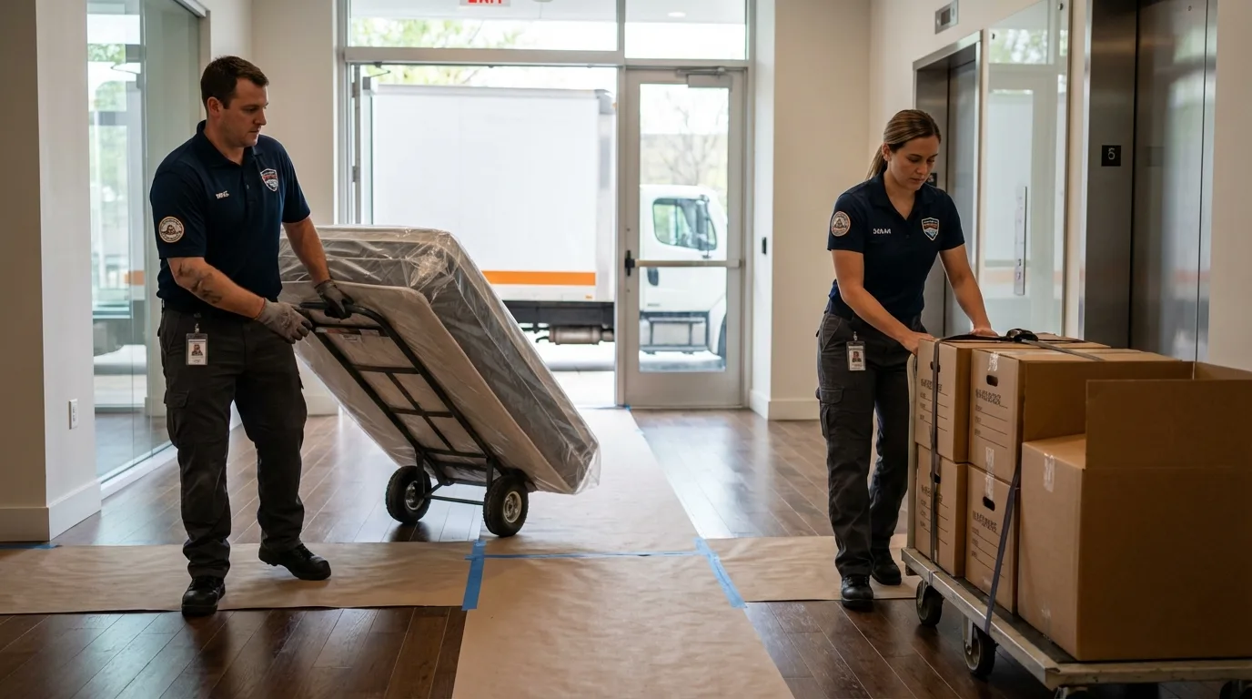 Professional apartment movers loading elevator in Mechanic Falls, ME